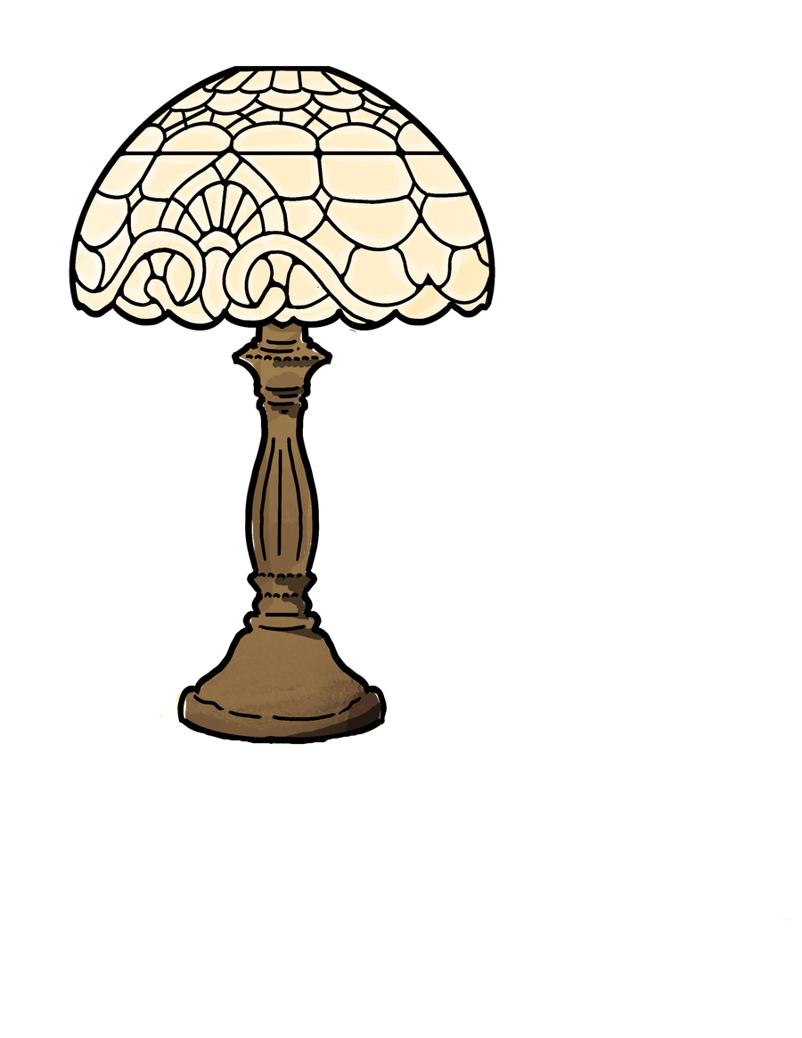 Illustration of a stained-glass table lamp, RW monogram