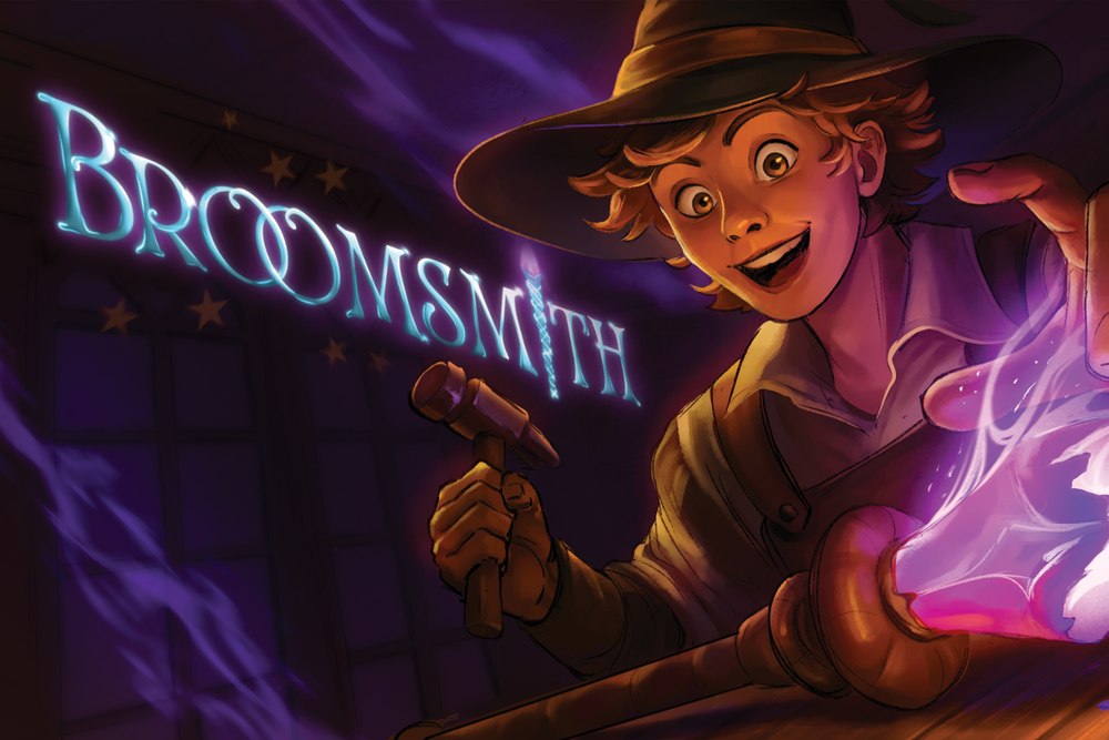 Broomsmith title art — a young wizard holding a mallet, sparks flying from a glowing broom-in-progress