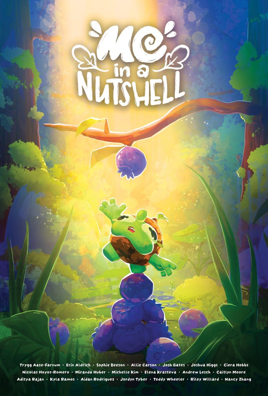 Me in a Nutshell movie poster — a small acorn-shelled creature stands on a pile of blueberries in a glowing forest